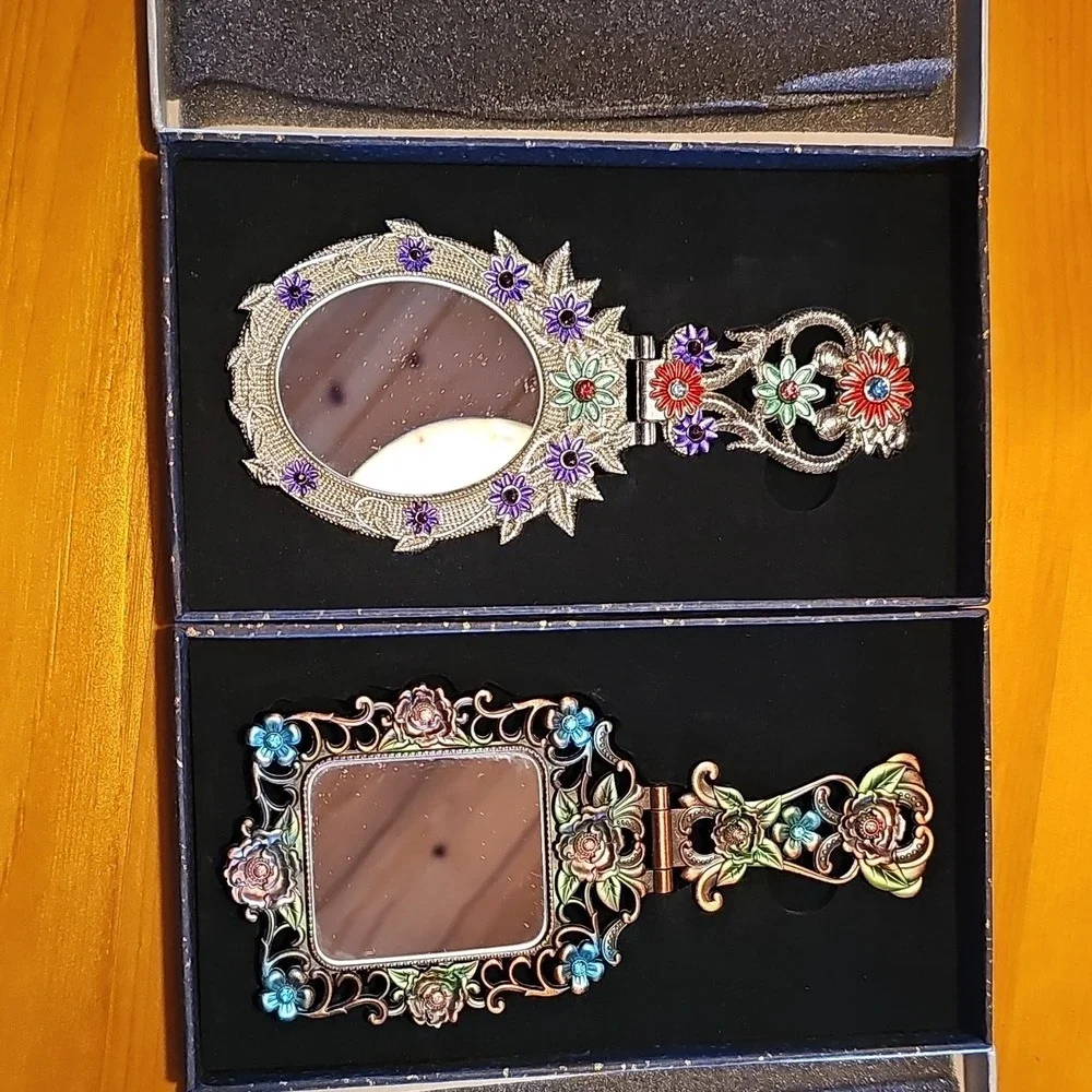 Decorative Collectible Hand Mirrors Floral Design Metal Enamel Ornate Frames